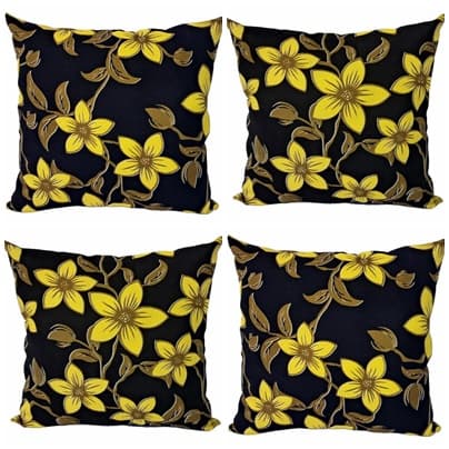 Kit 4 Capas Almofadas Pretas Estampadas Flores amarelas, 45x45 cm, Com Zíper