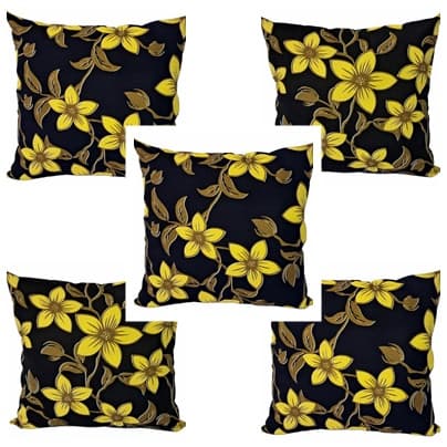 Kit 5 Capas Almofadas Pretas Estampadas Flores amarelas, 45x45 cm, Com Zíper