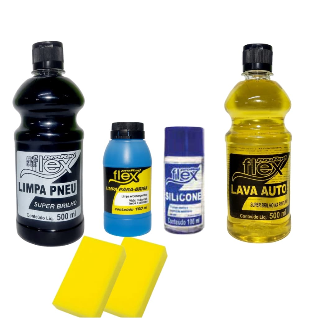 Kit: ProRad flex - 4 Produtos, Limpa automóvel, Limpa parabrisa, Limpa pneu , silicone liquido e 2 esponjas
