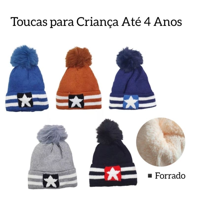 Gorro Touca Infantil Unissex Forrado com Pompom e Estrela.