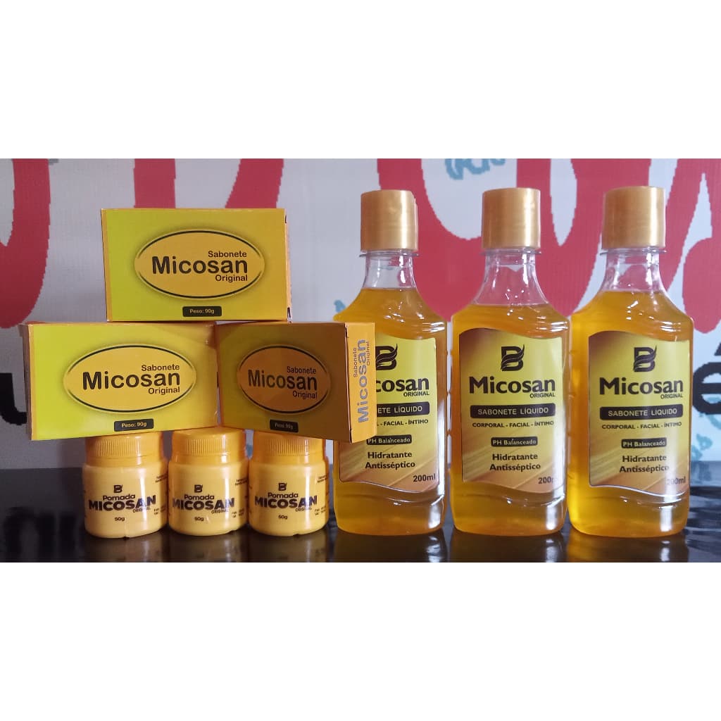 Kit Com 9 Micosan Clareador Pomada Sabonete Barra e Sabonete Líquido Pra Micose Em Geral e Contra Cravos e Espinhas Na Pele e Corpo