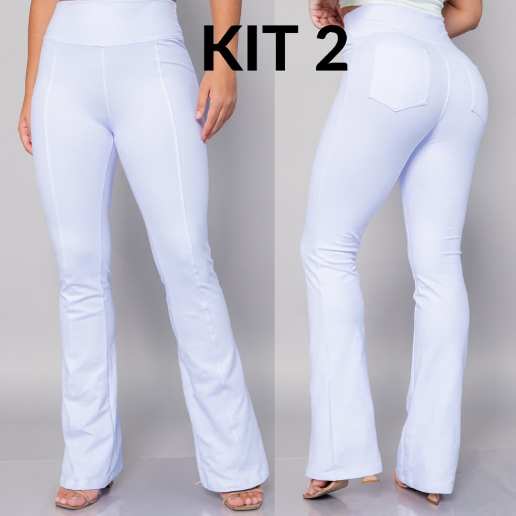 KIT 2 Calça Flare Branca Feminina Cotton Jeans Cintura Alta Bailarina boca de sino
