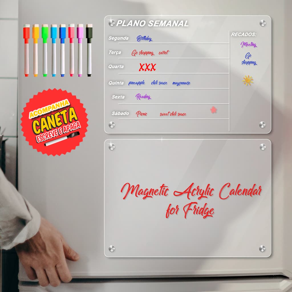 Kit 2  lousa magnetica geladeira personalizada organizer Planner semanal mensal com caneta e apagador Acrilico transparente
