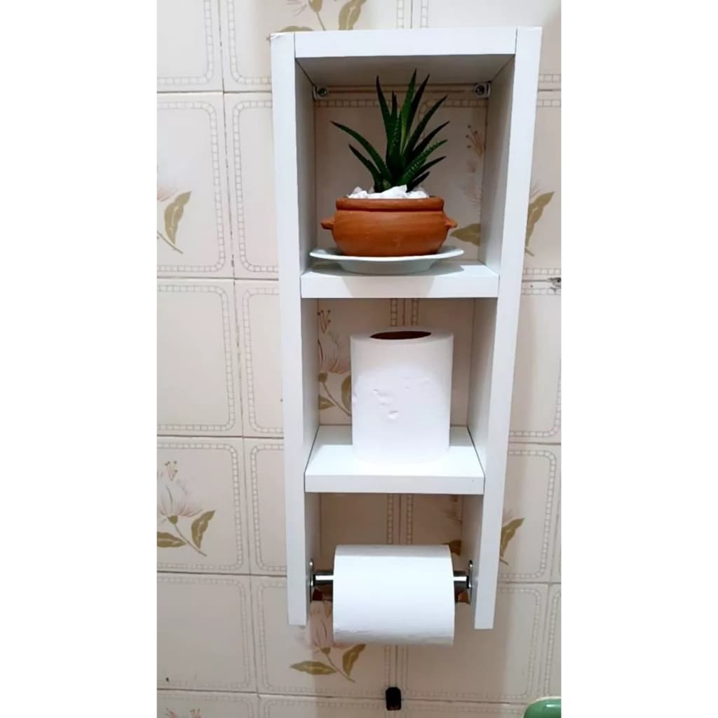 porta papel higiênico branco com prateleira