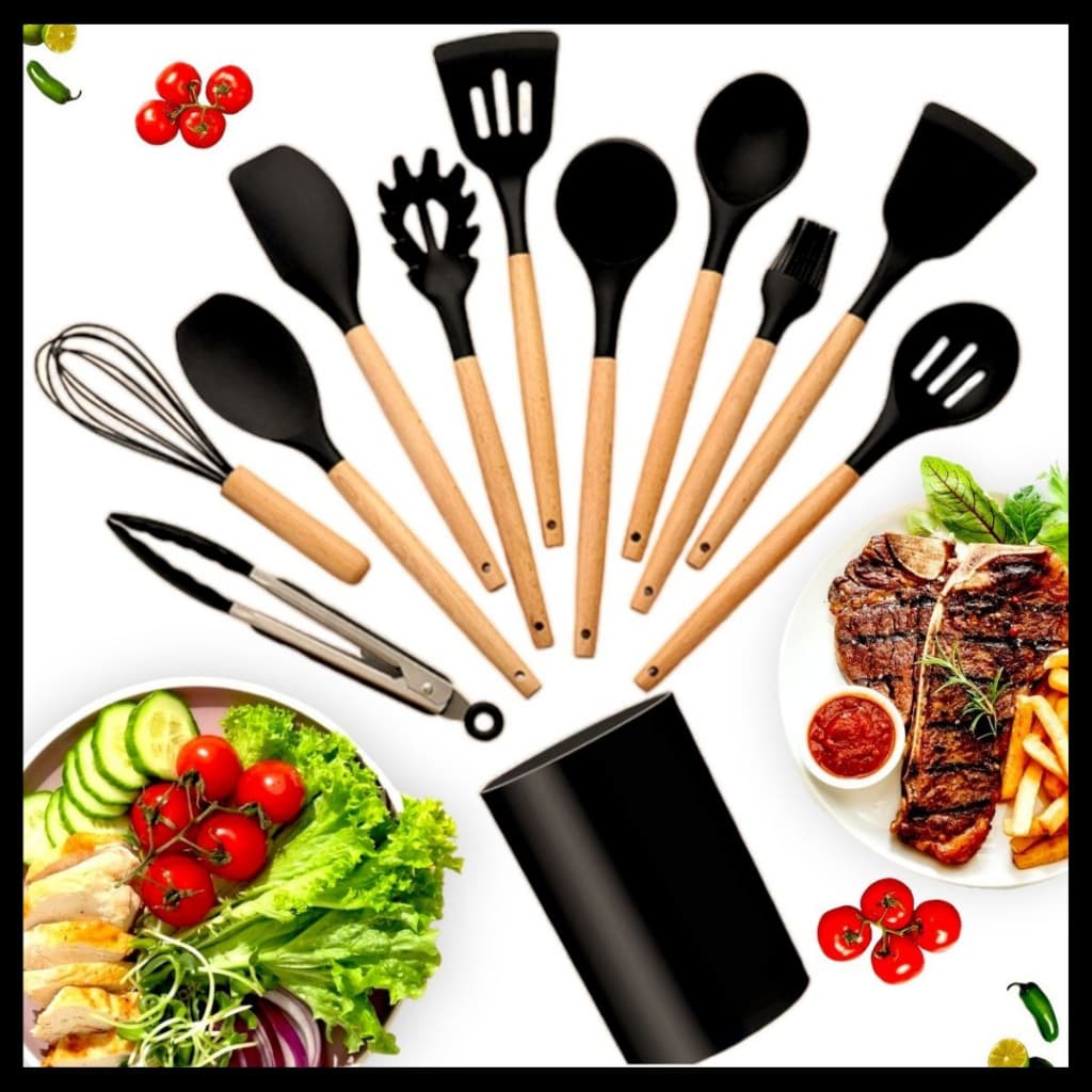 Kit C/12 Utensílios De Cozinha Silicone Cabo Madeira