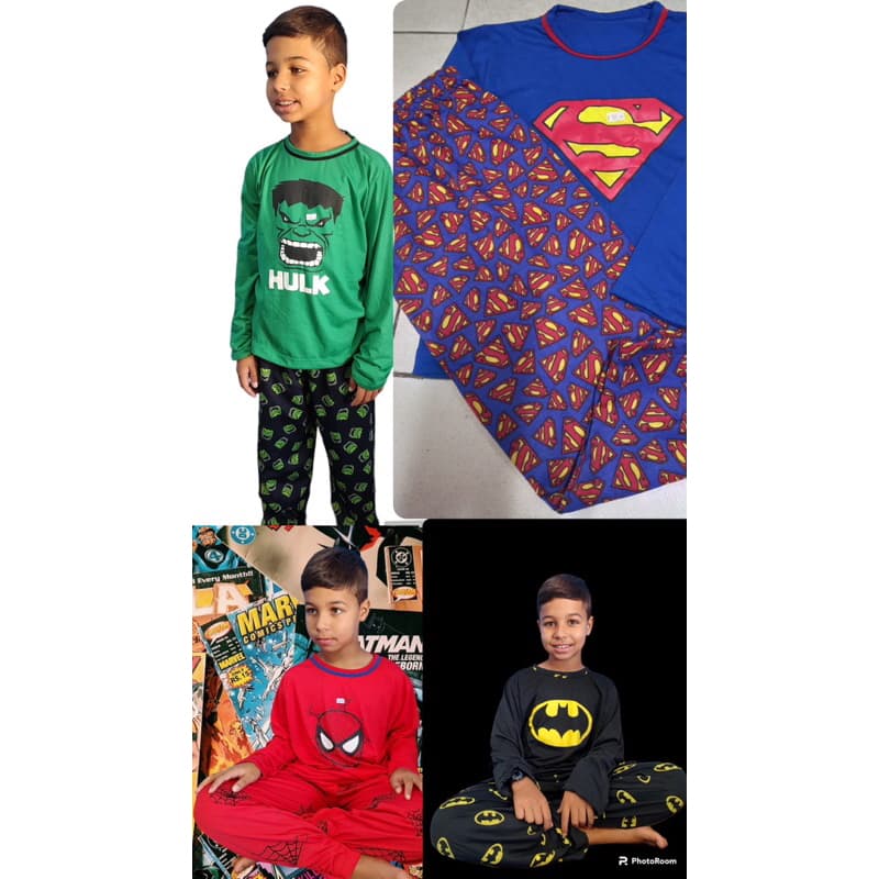 KIT 02 Pijamas Homem Aranha Hulk Super man Batman de inverno infantil masculino de malha temático super heróis disney vingadores