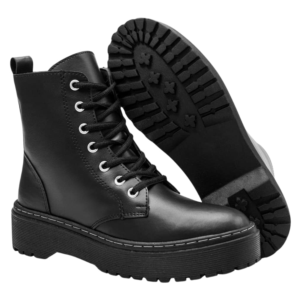 Bota Feminina Cano Curto Coturno Preta Blogueira Sola Borracha Coleção de Inverno CallShoes