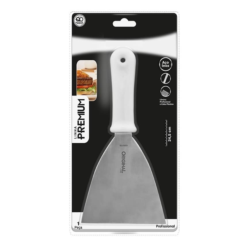 Espátula de Aço para cozinhar - chapa reta com Cabo de Plástico. Possui perfuração para pendurar