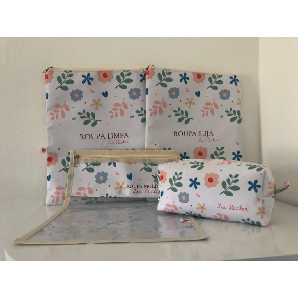 Kit Saquinhos Organizadores Roupa Suja Limpa Molhada e Necessaire Personalizados com Nome Estampa Floral Flores