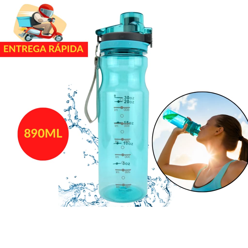 Garrafa de Agua Squeeze Sport com Trava 890ML - Garrafa de Plastico Transparente