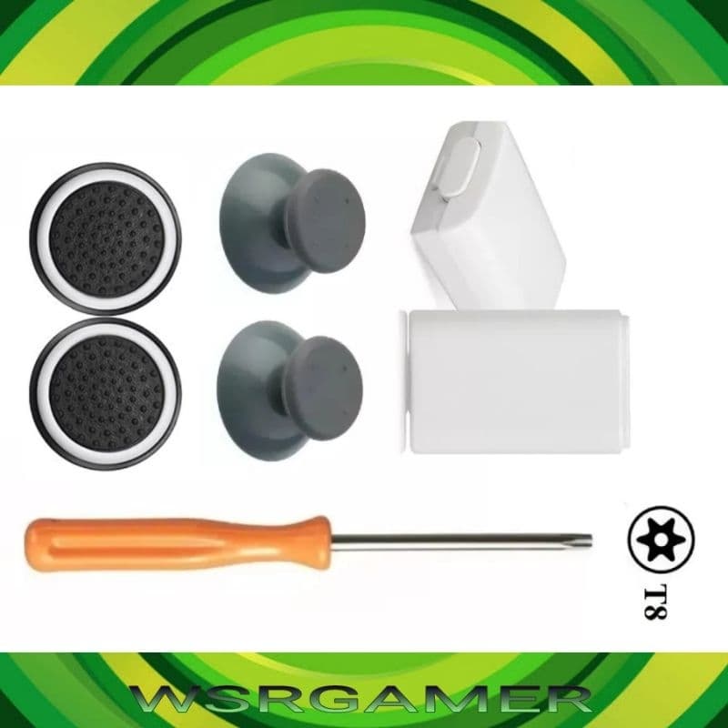 KIT PAR BOTÃO ANALÓGICO CINZA XBOX 360 MAIS PAR SUPORTE DE PILHA XBOX 360 E CHAVE T8 E PROTETOR GRIP