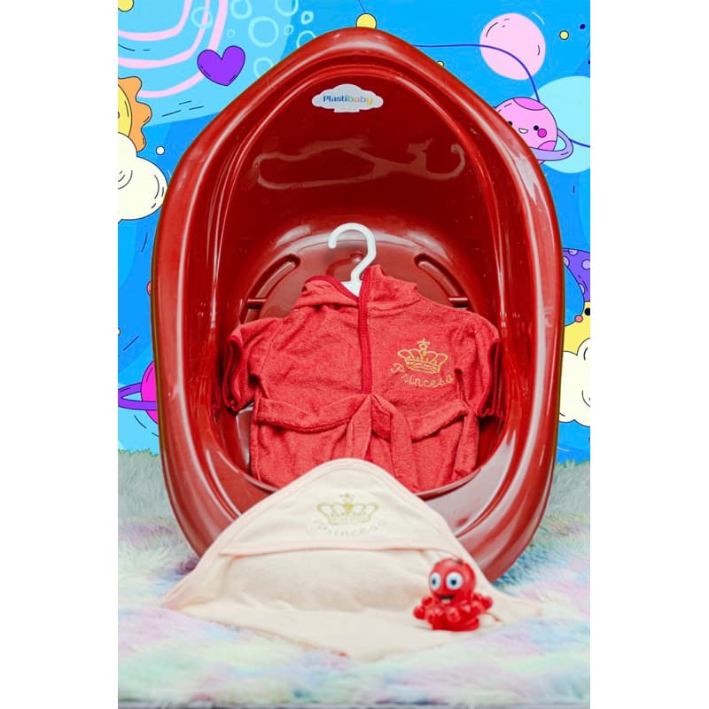 Kit Hora Do Banho Menina, Banheira de Bebê 22 litros + Roupão + Toalha C Capuz + Saboneteira