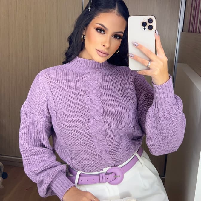 Blusa de frio feminina ombro caido manga comprida tricot