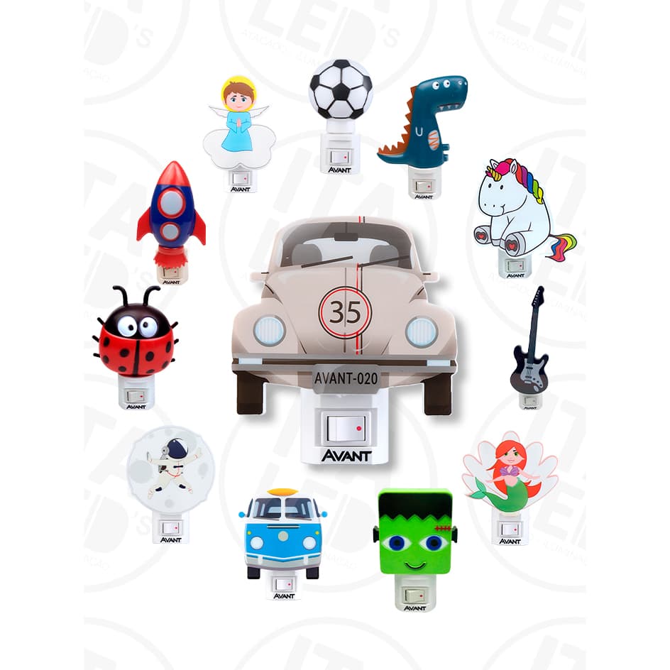 Luz Noturna Infantil Personagens Led Abajur Tomada Bivolt 1w luz Amarela Branco quente Avant