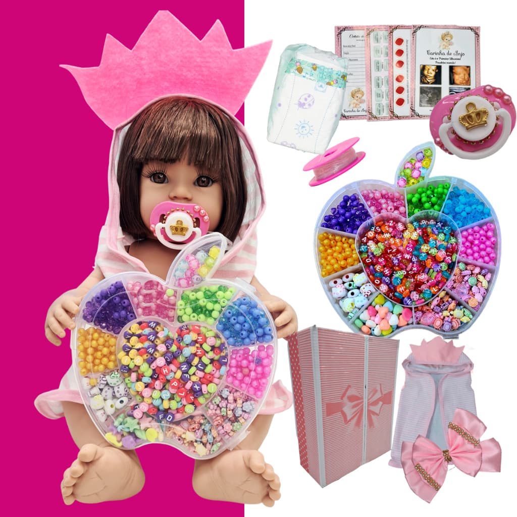 Boneca Reborn Bebê Realista Acessorios Loira Morena Castanho + Kit Miçangas Completo