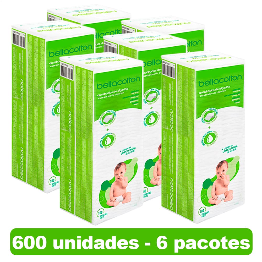Kit 6 pacotes Algodão Quadrado Bebê Bellacotton Hipoalergênico Sem Perfume (600 un.total)