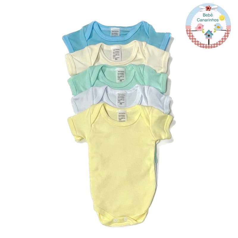 Kit 5 Body Manga Curta CANELADO para Bebês.  Cores Variadas RN P M G