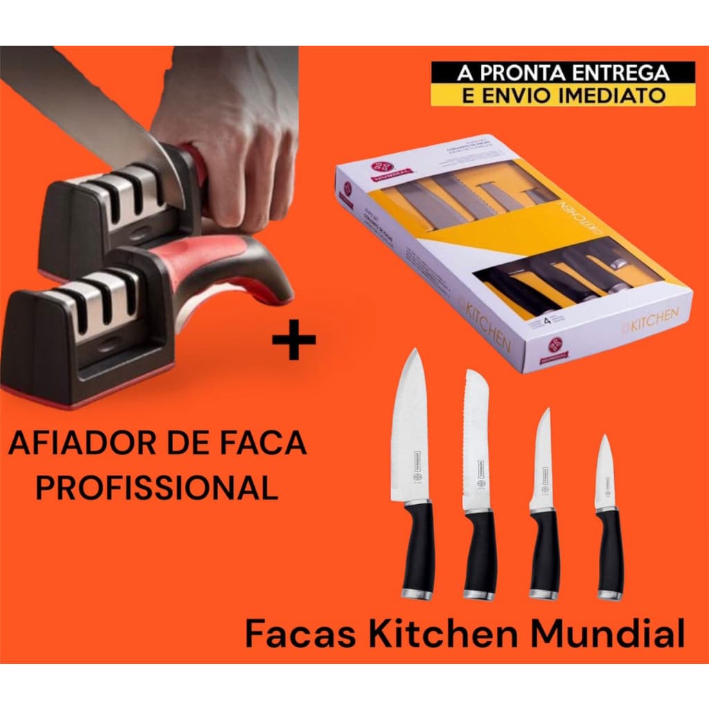 Conjunto Premium de Facas Kitchen Mundial 4 Peças em Aço Inox Preto + Kit Amolador Afiador De Facas Em Aço Inox Profissional Com 3 Afiadores Profissional