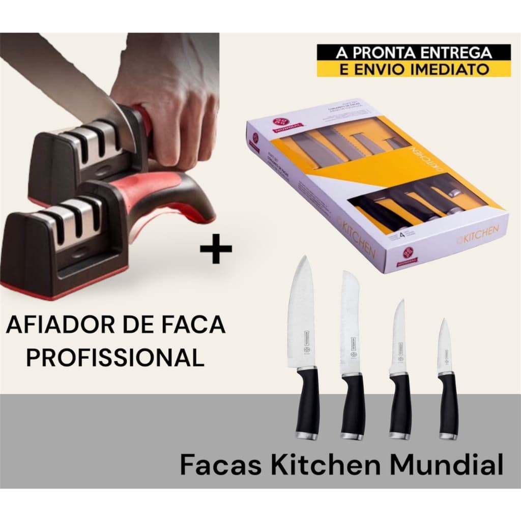 Kit Jogo de Facas Kitchen Mundial 4 Peças em Aço Inox Preto +Afiador De Facas Em Aço Inox Profissional Com 3 Afiador