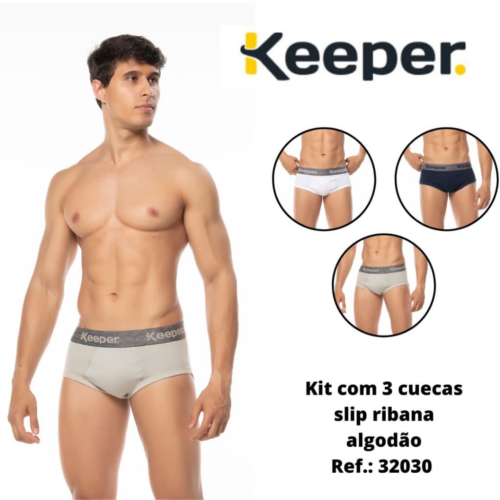 Kit com 3 cuecas slip ribana algodão Keeper 32030