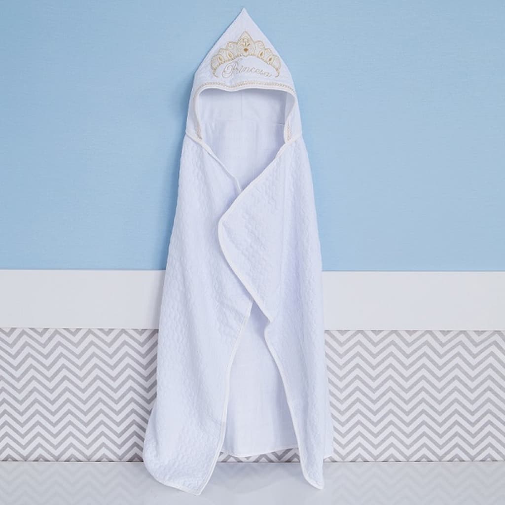 Toalha Fralda Bebê Modelo LUXO Bordada Super Absorvente Tecido Felpudo Atoalhada com Capuz 100% Algodão - Princesa Dourada