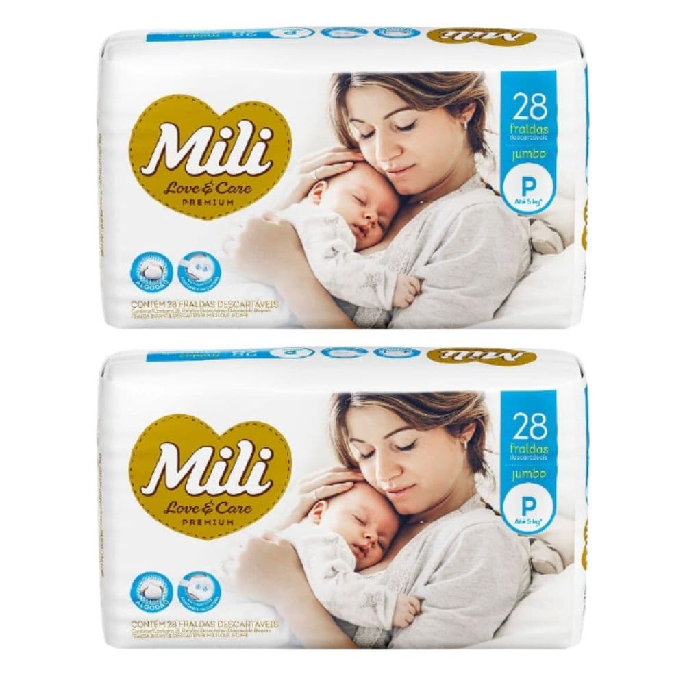 Fralda Descartável Mili  Love & Care  Tamanho P  2 Pacotes c/ 28 (total 56 fraldas) Linha Premium - para uso dia e noite
