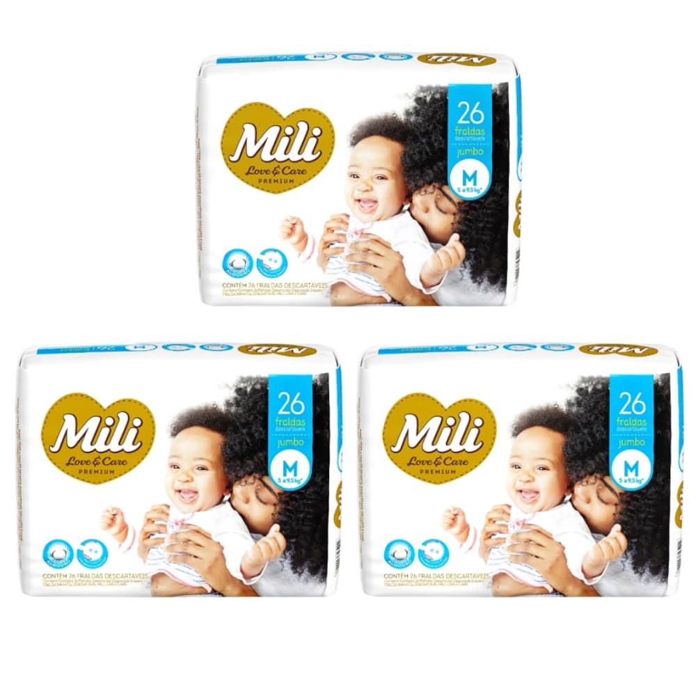 Fralda Descartável Mili- Love & Care  Tamanho M   3 Pacotes de 26     (Total: 78 Fraldas)