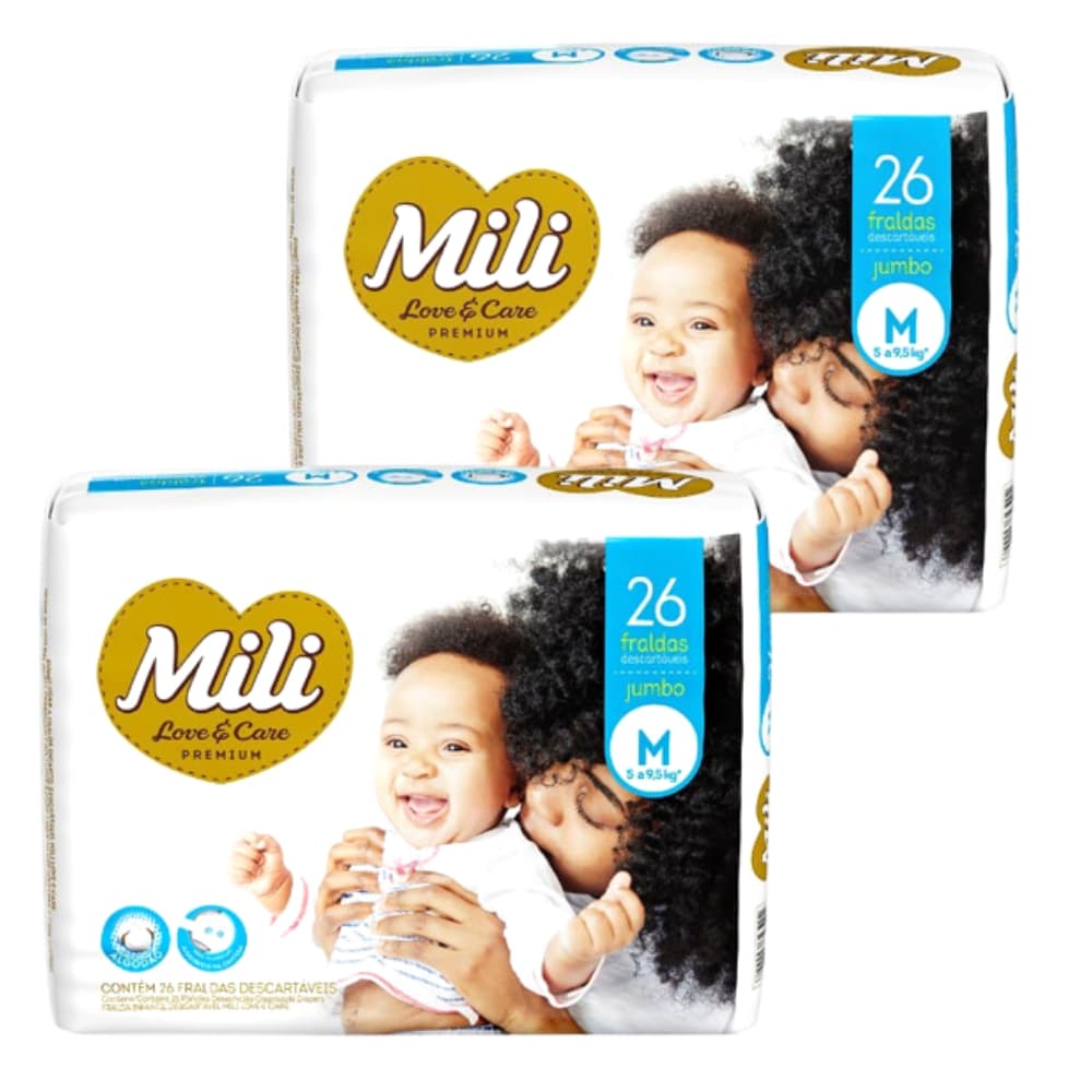 Fralda Descartável Mili  Love & Care   Tamanho M   2 Pacotes com 26  ( Total: 52 Fraldas)