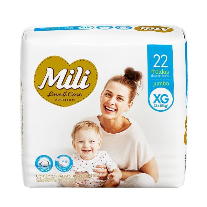 Fralda Descartável  Mili Love & Care Tam XG   22 fraldas   Linha Premium com Super Gel Absorvente