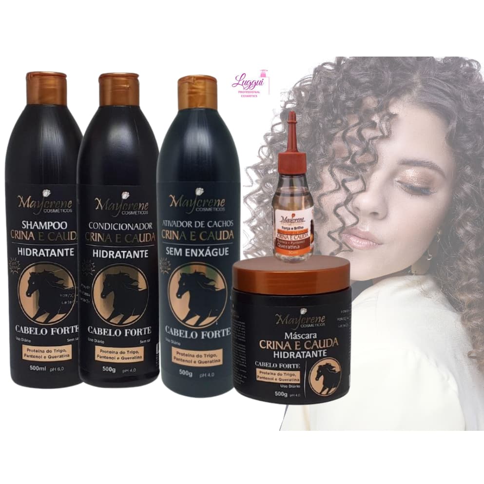 Kit Crina e Cauda Cabelos Fortes Maycrene (Shampoo, Condicionador, Másc e Ativ de Cachos) + Reparador 30ml - 5 Produtos
