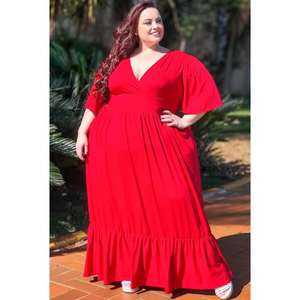 Vestido Longo Plus Size Grande Corfortável Três Marias Rodado Manga Curta Transpassado