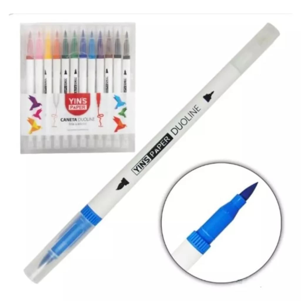 Canetinha Brush Pen + Ponta Fina Kit 12 Cores Lettering