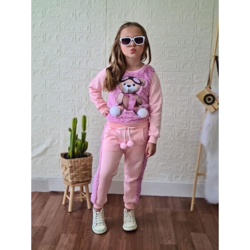 Conjunto de Menina Infantil Feminina Ursinho Moda Inverno de Criança Fashion Casaco de Frio Calça e Blusa