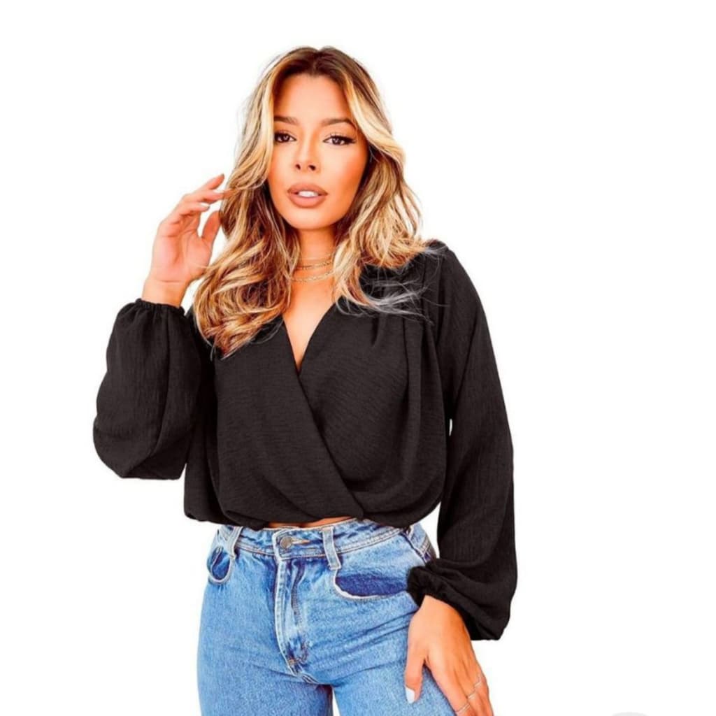 Cropped Blusa Transpassada Camisa Social Moda Blogueira Com Elástico - Nany