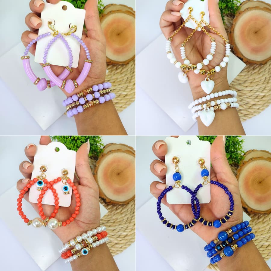 3 Conjuntos Brinco Com Mix de Pulseiras