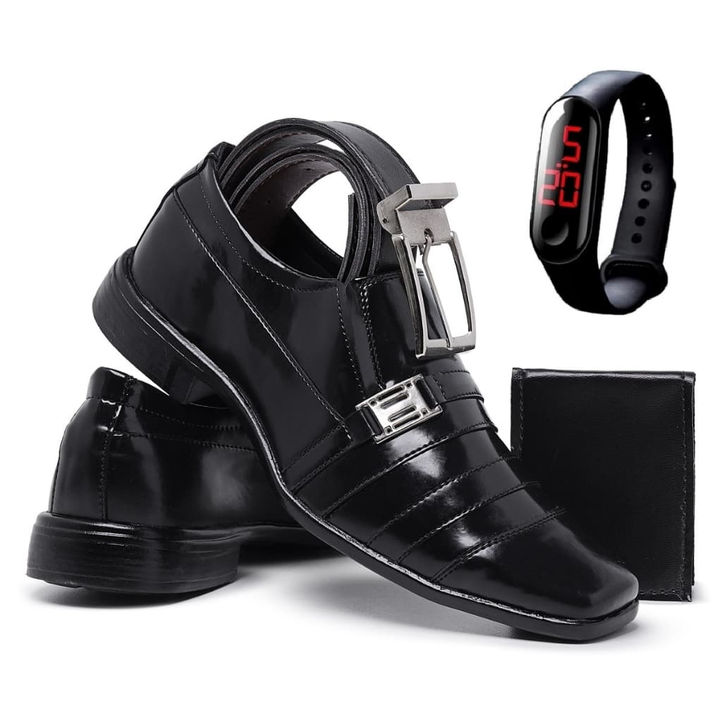 Kit Sapato Masculino Social Verniz Elegante Confortável com Relógio Carteira e Cinto