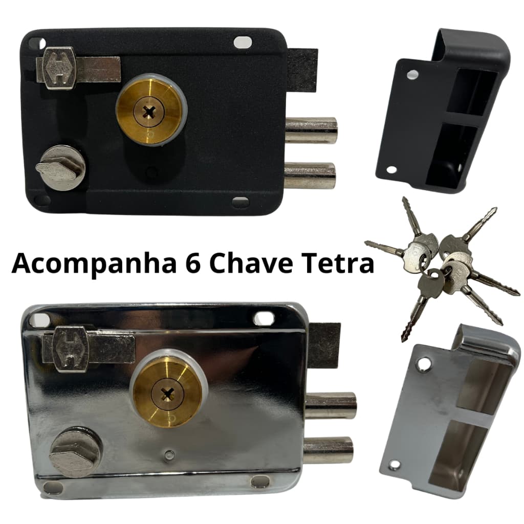 Fechadura de Sobrepor com Trava Dupla e 6 Chave Tetra Para Porta Portão Segurança