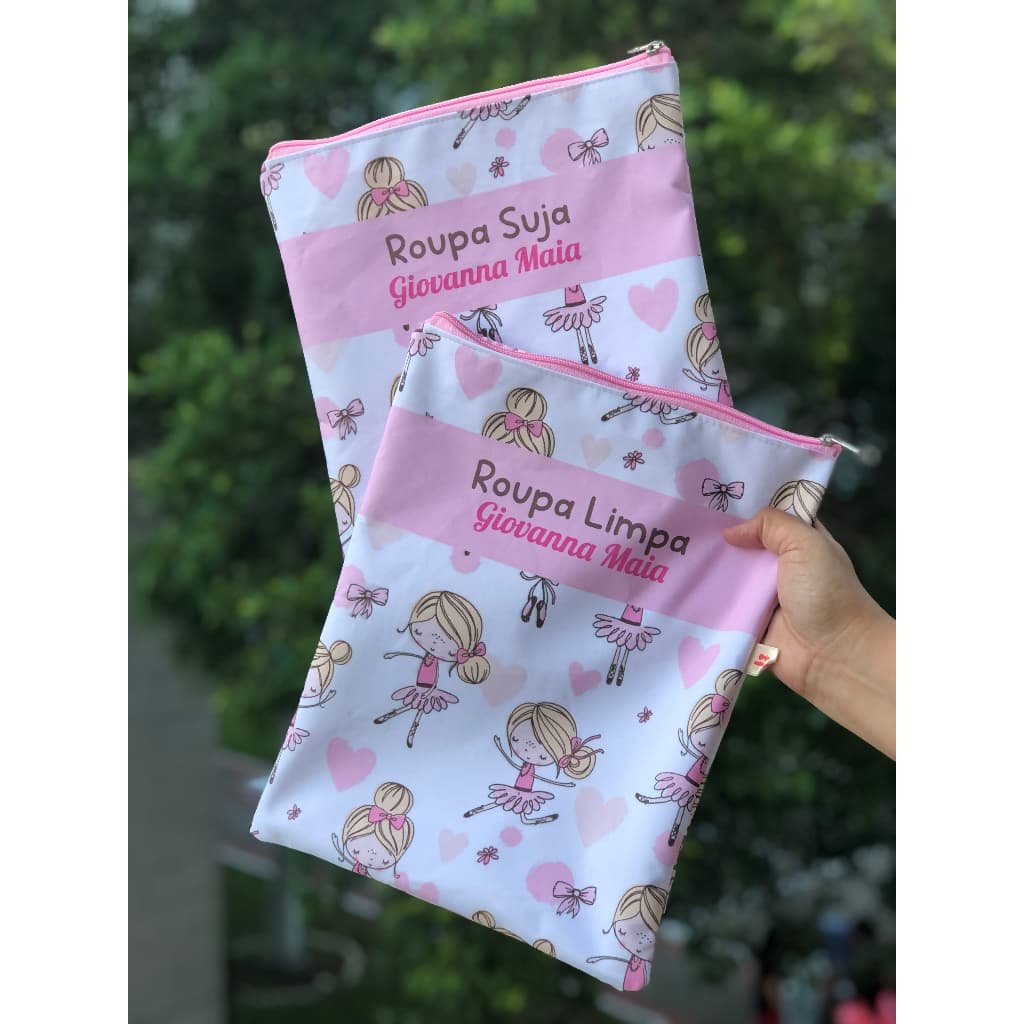 Kit com 2 Saquinhos Organizador de Roupa Suja e Limpa Personalizados com Nome Estampa Bailarina