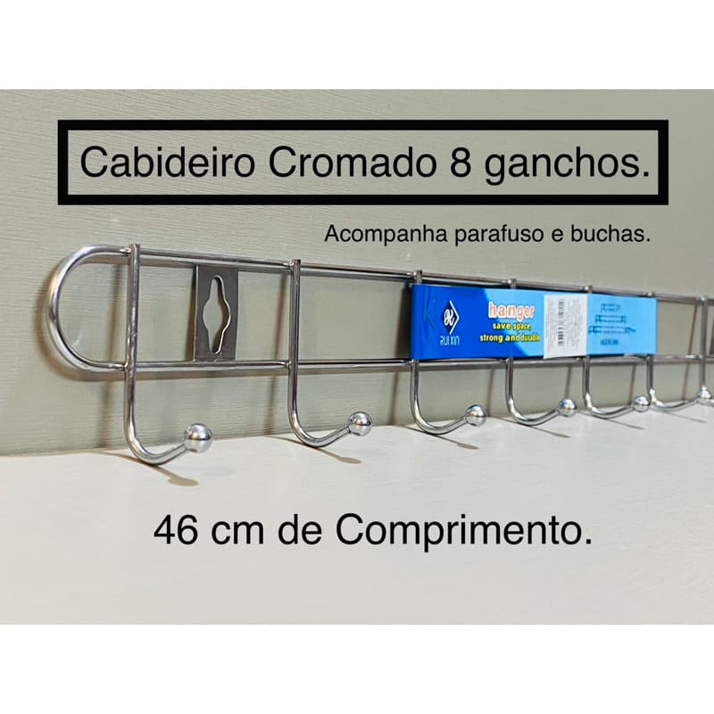 Cabideiro Suporte de parede c/ 8 cromados inox e preto.