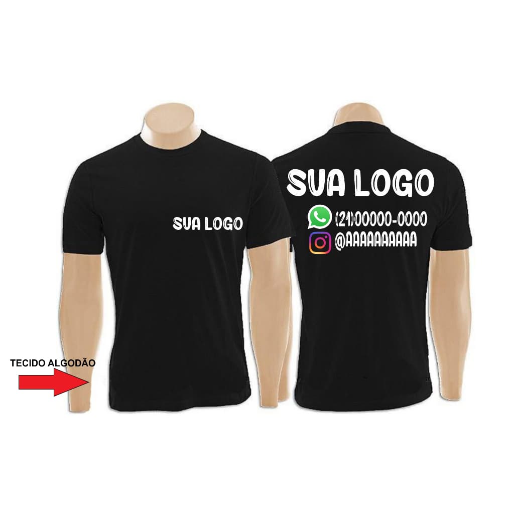 CAMISA PERSONALIZADA COM SUA LOGO PRETA TECIDO DE ALGODÃO