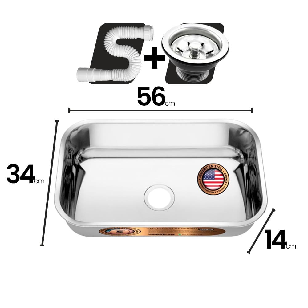 Cuba Aço Inox American Steel N°2 -14  Funda 56x34x14 + Válvula + Sifão