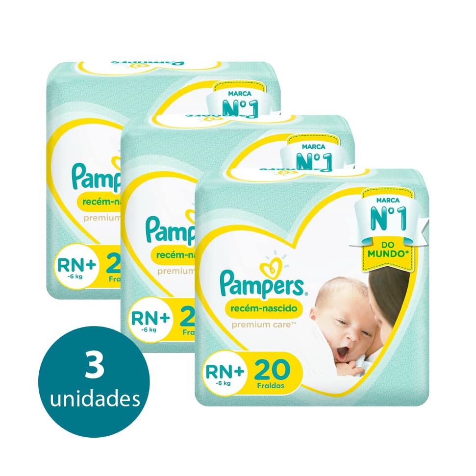 Kit 3 Pacotes Fraldas Pampers Recém-Nascido Premium Care RN + 60 Fraldas