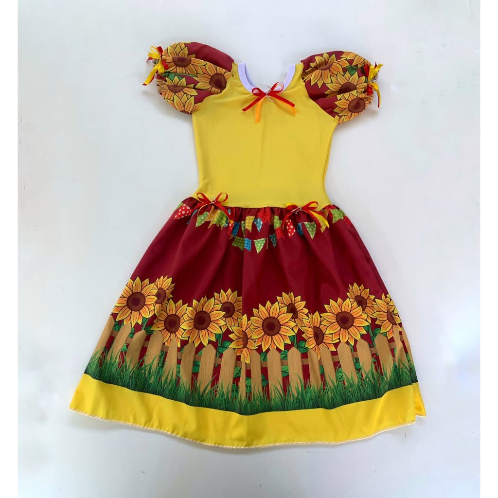 VESTIDO INFANTIL FANTASIA CAIPIRA GIRASSOL TEMÁTICO FESTA JUNINA MENINAS