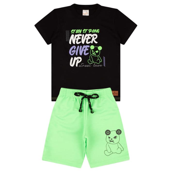 Conjunto Infantil Menino com Camiseta de Estampa de Escrita e Bermuda Neon 4 a 10 anos