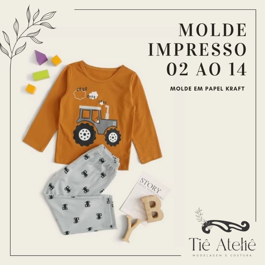 MOLDE EM PAPEL KRAFT DE PIJAMA INFANTIL LONGO PARA COSTURA MODELAGEM EM PAPEL KRAFT