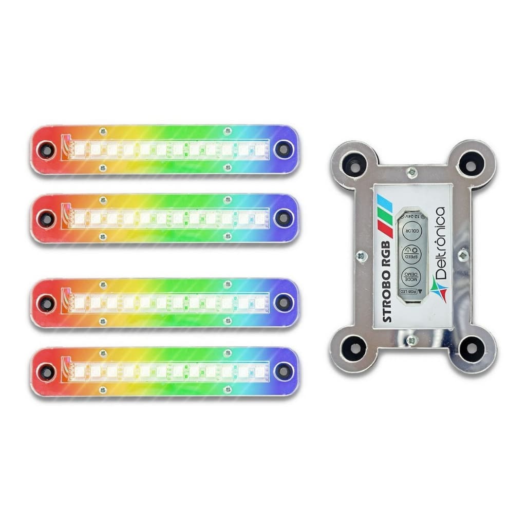 Kit Super Strobo LED Deltrônica RGB 4 Faróis 12V P/ Som Automotivo Carro Festa Tuning Efeito Flash