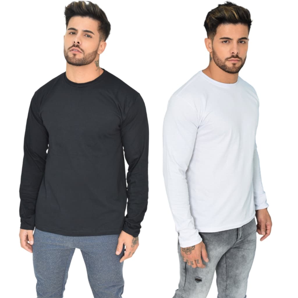 Kit 2 Camisetas Manga Longa e Gola Redonda Lisa Sem Estampa Diversas Combinações