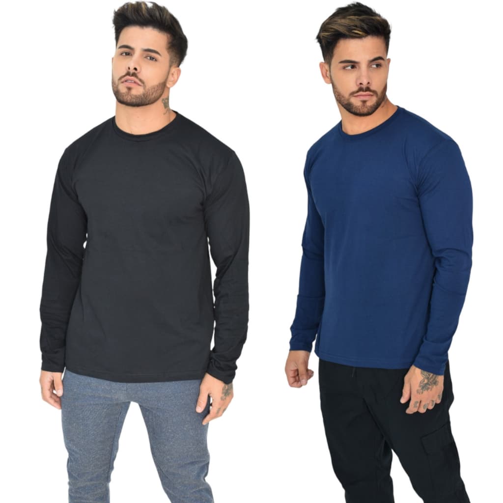 Kit 2 Camisetas Manga Longa e Gola Redonda Lisa Sem Estampa Diversas Combinações