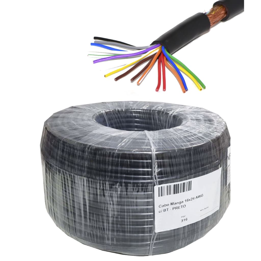 Cabo Manga Preto 16 Vias X 24 Awg C/ Blindagem