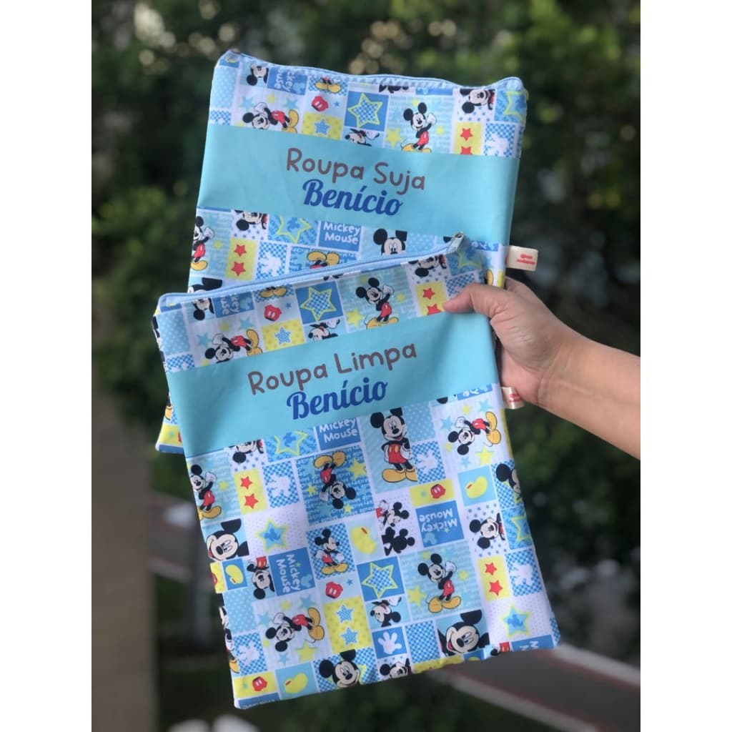 Kit com 2 Saquinhos Organizador de Roupa Suja e Limpa Personalizados com Nome Estampa Mickey